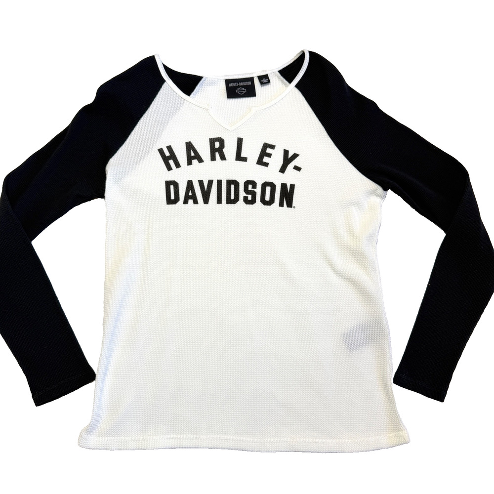 Harley Davidson Womens XL Thermal Shirt Black Cream Long Sleeve Logo Waffle Knit